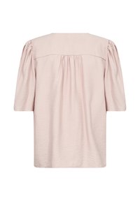 Blusa rosa chiaro con maniche corte a sbuffo, tessuto testurizzato, scollo rotondo e dettagli arricciati sul retro, che garantiscono una vestibilità comoda.
