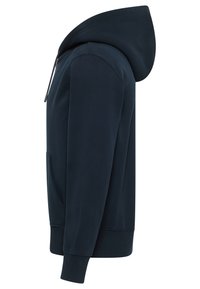 Granatowa bluza z kapturem wykonana z mieszanki bawełny, z przednią kieszenią, elastycznymi mankietami i gładką fakturą.