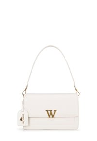 Borsa a mano in pelle bianca con logo dorato a forma di "W", dalla forma strutturata, dotata di tracolla removibile e di un piccolo etichetta con i dettagli del marchio.