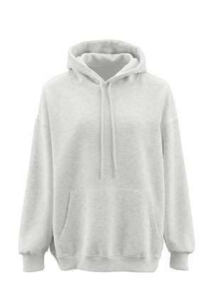 Lysegrå pullover hoodie med front lomme, snøre i hætten og ribkanter ved ærmer og kant.