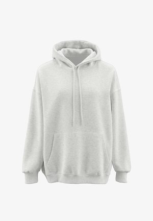 Jasnoszara bluza z kapturem wkładana przez głowę z przednią kieszenią kangurka, kapturem na sznurki oraz prążkowanymi ściągaczami przy rękawach i u dołu.