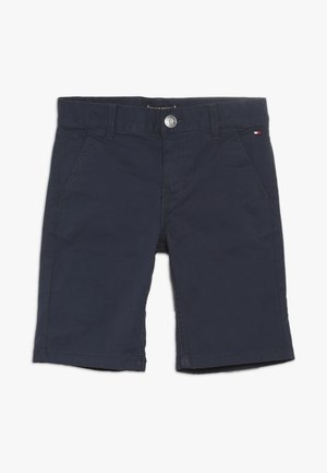 Navy blauwe katoenen shorts met een gladde textuur, voorzien van een voorkant met knoopsluiting, twee zijzakken en contrasterende stiksel-details.