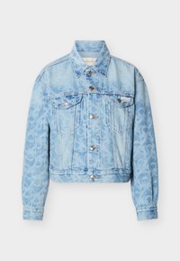 Φωτεινό μπλε τζιν μπουφάν με διακριτικό λεοπάρ σχέδιο, κλείσιμο με κουμπιά εμπρός, τσέπες στο στήθος με καπάκια και μακριά μανίκια.