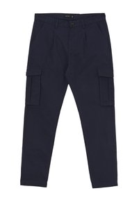 Pantaloni cargo navy in misto cotone, con tasche laterali, chiusura frontale con bottone e design a gamba affusolata.