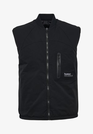 Czarna bezrękawnik z wysokim kołnierzem, z przednim zamkiem błyskawicznym i kieszenią na zamek na piersi. Gładka tekstura; minimalistyczny design.