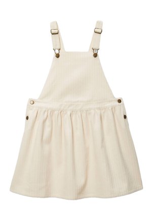 Robe salopette en velours côtelé couleur crème avec bretelles réglables et détails à boutons à la taille et sur les côtés.