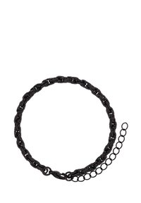 Schwarze Metallkette mit miteinander verbundenen ovalen Gliedern und einem dreiringigen verstellbaren Verschluss. Sie verfügt über eine strukturierte Oberfläche und glatte Kanten.