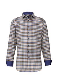 Camicia a quadri con varie tonalità di marrone, blu e crema. Maniche lunghe con polsini blu a tinta unita e chiusura a bottoni. Motivo Whitney visibile.