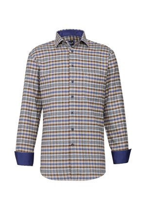 Camicia a quadri con varie tonalità di marrone, blu e crema. Maniche lunghe con polsini blu a tinta unita e chiusura a bottoni. Motivo Whitney visibile.