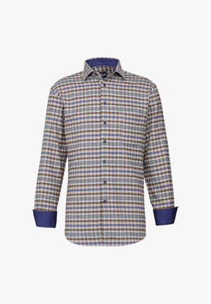 Camicia a quadri con varie tonalità di marrone, blu e crema. Maniche lunghe con polsini blu a tinta unita e chiusura a bottoni. Motivo Whitney visibile.