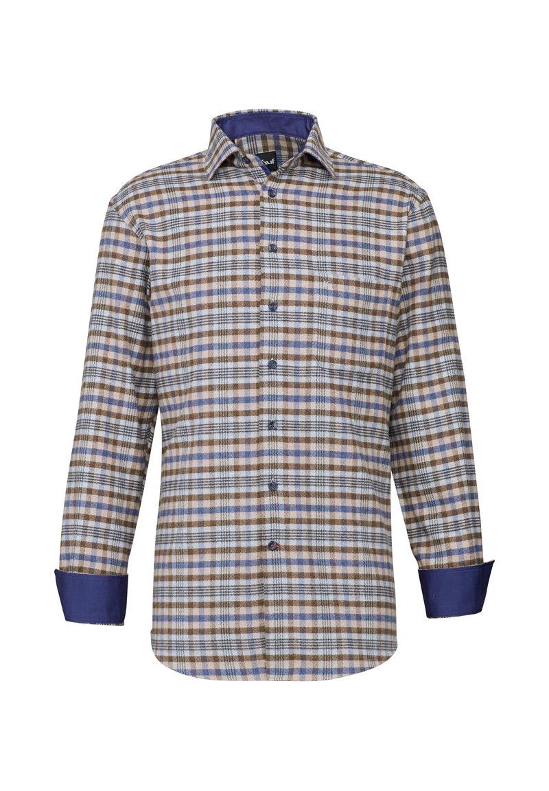 Camicia a quadri con varie tonalità di marrone, blu e crema. Maniche lunghe con polsini blu a tinta unita e chiusura a bottoni. Motivo Whitney visibile.