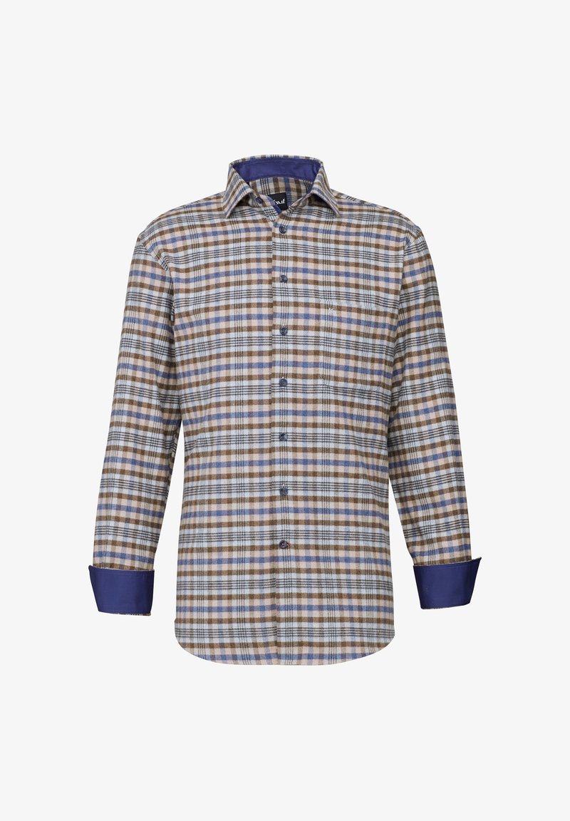 Camicia a quadri con varie tonalità di marrone, blu e crema. Maniche lunghe con polsini blu a tinta unita e chiusura a bottoni. Motivo Whitney visibile.