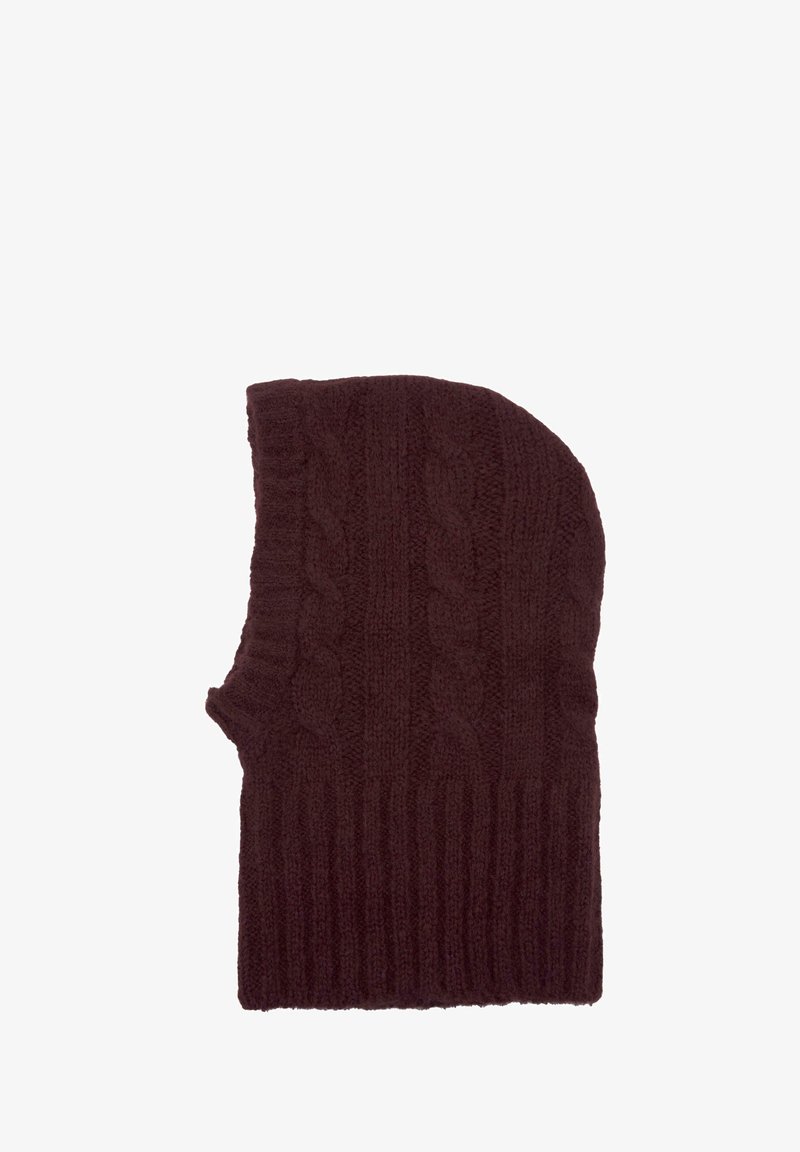 Burgundy knitted balaclava with cable pattern. Features a ribbed hem and cut-out for the face, providing warmth and coverage.