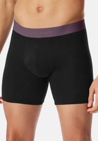 Schwarze Baumwollboxershorts mit einem lila elastischen Bund, der den eingeprägten Markennamen trägt. Kastanienbraune Hautfarbe sichtbar.
