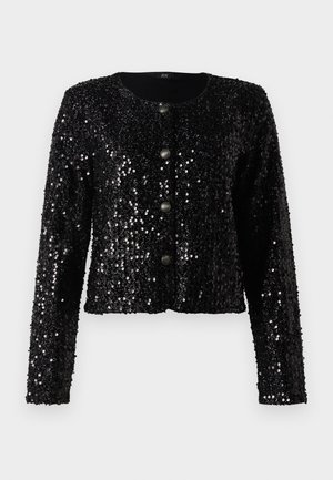 Veste noire à sequins avec des manches longues, un col rond et cinq boutons de fermeture. Surface texturée avec un design court.