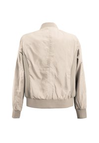 Hellbeige Bomberjacke mit gerippten Bündchen und Saum, ausgestattet mit strukturierten Seitenpaneelen und einem glatten, wasserabweisenden Material.