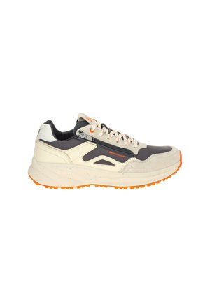 Beige and black sneaker with orange sole, featuring a side zipper, white laces, and a cushioned sole.
