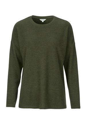 Grön långärmad skjorta i texturerad tyg. Har rund halsringning och avslappnad passform med sänkta axlar. Enkel design, inga mönster.