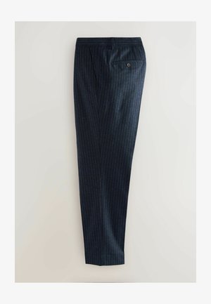 Navy striped trousers with a tailored design, featuring a single back pocket and a button closure. Fabric has a smooth, textured finish.