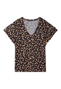 Schwarzes kurzärmeliges T-Shirt mit V-Ausschnitt, aus strukturiertem Material und beigefarbenem Leopardenmuster.
