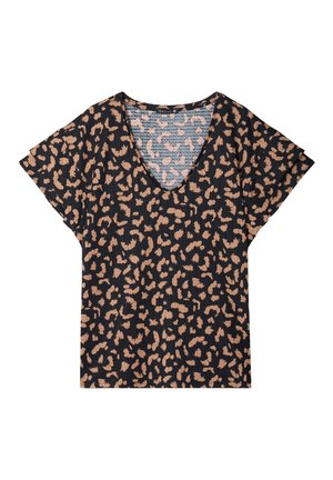 Zwarte T-shirt met korte mouwen en V-hals, gemaakt van een gestructureerde stof met beige luipaardprint over de gehele stof.