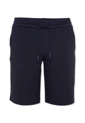 Pantaloncini blu navy fino al ginocchio con vita elasticizzata e coulisse frontale, realizzati in tessuto morbido per un uso casual.