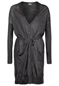 Grå stickad cardigan med V-ringning, långa ärmar, framslutna knappar, två fickor och midja med dragsko. Lättviktig textur.