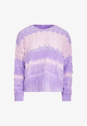 Gestickter Pullover mit horizontalen Streifen in helllila und rosa, aus flauschigem Garn mit strukturiertem Material und einem runden Ausschnitt.