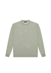 Maglione verde chiaro realizzato in tessuto a maglia testurizzata. Presenta un collo rotondo e maniche lunghe, con polsini e orlo a coste. Senza motivi.