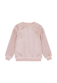 Rosa fleece sweatshirt med en mjuk textur, rund hals, samt elastiska ärmar och nederkant. Har en slät, något glänsande yta.