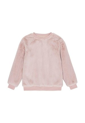 Różowy polarowy sweatshirt o miękkiej fakturze, okrągłym dekolcie oraz elastycznych mankietach i dolnym wykończeniu. Posiada gładką, lekko błyszczącą powierzchnię.