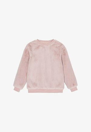 Roze fleece sweatshirt met een zachte textuur, ronde hals en elastische manchetten en zoom. Beschikt over een gladde, licht glanzende oppervlakte.