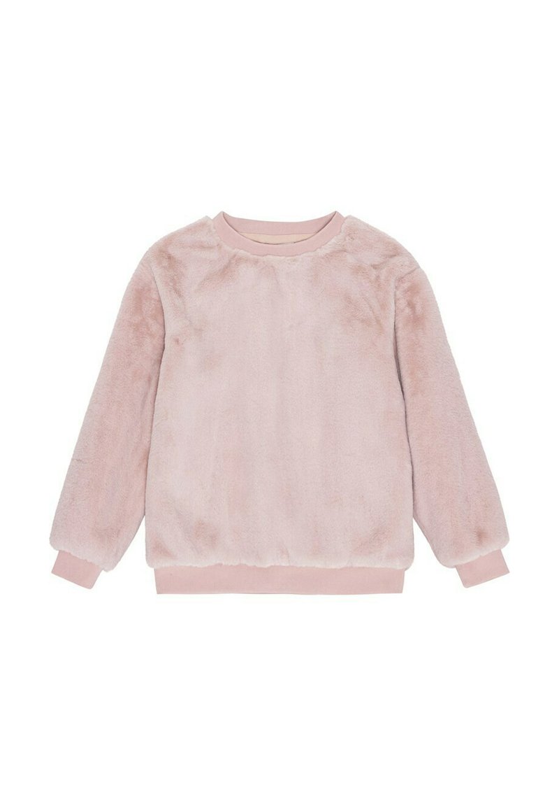 Rosa fleece sweatshirt med en mjuk textur, rund hals, samt elastiska ärmar och nederkant. Har en slät, något glänsande yta.