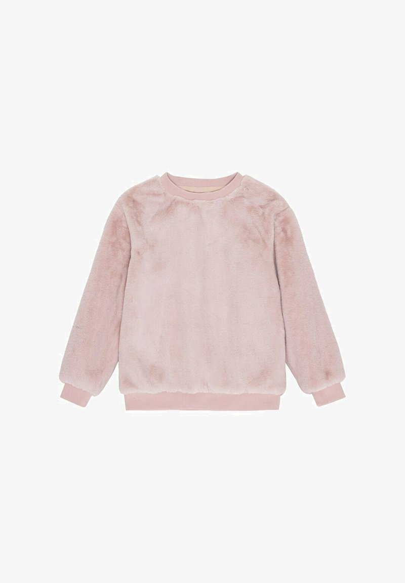 Vaaleanpunainen fleece-sweatshirt, jossa on pehmeä tekstuuri, pyöreä kaula-aukko ja joustavat hihat sekä helma. Ominaisuuksiin kuuluu sileä, hieman kiiltävä pinta.