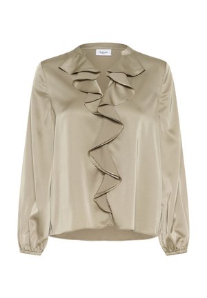 Blouse en satin beige avec un devant à volants, un col et des manches longues. Comprend des poignets élastiqués et une texture lisse et brillante.