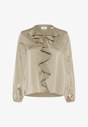 Beež satiinist pluus volditud esikülje, krae ja pikkade varrukatega. Omadused: elastsete varrukapikkustega ja sile, läikiv tekstuur.