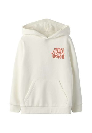 Sweat à capuche blanc avec poche kangourou à l'avant et inscription "Aloha Hawaii" en orange sur le côté gauche de la poitrine.