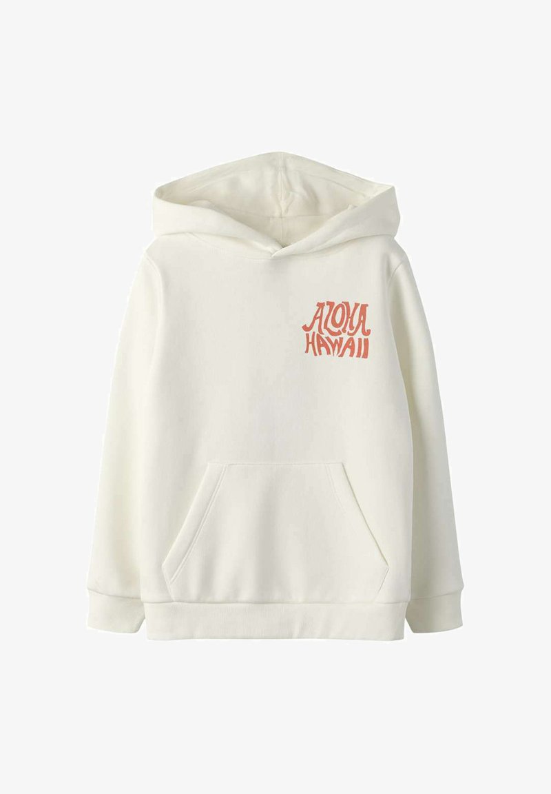 Sweat à capuche blanc avec poche kangourou à l'avant et inscription "Aloha Hawaii" en orange sur le côté gauche de la poitrine.