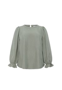 Light green blouse with a round neckline, long puffed sleeves, and elastic cuffs. Textured fabric with a relaxed fit and subtle sheen.