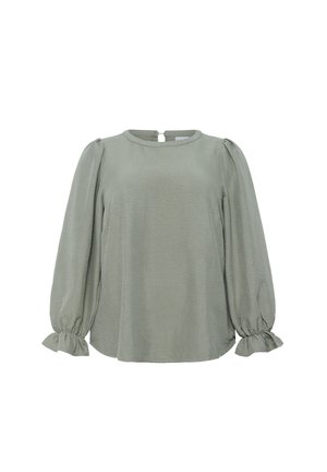 Blouse vert clair avec un col rond, des manches longues bouffantes et des poignets élastiques. Tissu texturé avec une coupe décontractée et un subtil éclat.