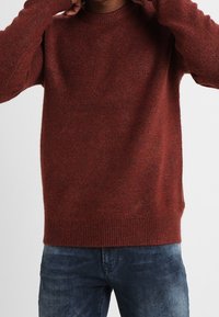 Maglione lavorato a maglia color ruggine con collo a giro e polsini a costine. Realizzato in un tessuto morbido con una superficie leggermente testurizzata. Indossato con jeans blu.