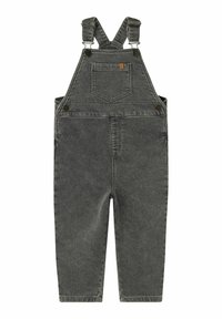 Salopette en denim gris avec des bretelles réglables, une poche avant et des jambes fuselées. Présente une quincaillerie en métal et des détails cousus pour plus de durabilité.