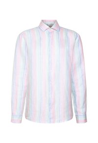 Chemise à manches longues boutonnée avec des rayures verticales pastel en rose, bleu, vert et blanc, avec un col classique et des poignets.