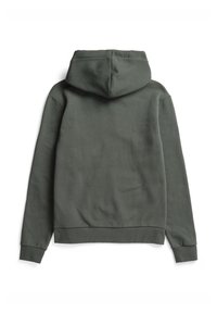 Sudadera verde oscuro hecha de tela suave. Cuenta con una capucha amplia, mangas largas y puños y dobladillo de canalé. Textura suave sin patrones.