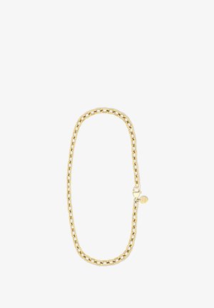 Collana a catena d'oro con finitura liscia, caratterizzata da anelli alternati grandi e piccoli e una chiusura con un dettaglio a medaglietta rotonda.