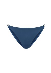 Slip bikini blu navy con una texture liscia, forma triangolare e un dettaglio argentato di lato. Taglio con vestibilità moderata.