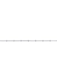 Sølvfarvet kæde med jævnt fordelte sphæriske perler, med en glat, metallisk overflade og et fleksibelt, ovalformet design.