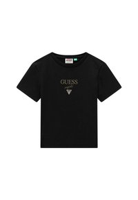 Czarny bawełniany T-shirt z krótkim rękawem, okrągłym dekoltem, z złotym logo "GUESS" oraz trójkątnym detalem z przodu. Klasyczny krój.