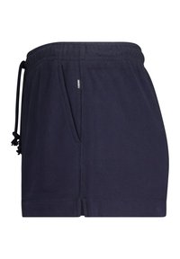 Navy blue cotton shorts with an elastic waistband, drawstring, side pocket, and short length. Smooth texture with neat stitching details.