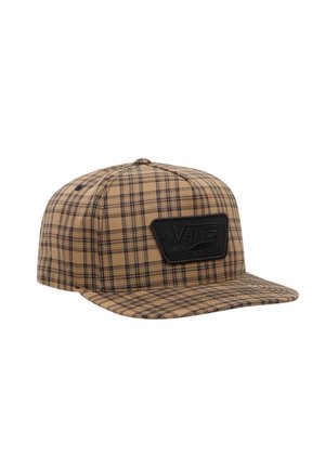 Casquette snapback Vans à carreaux marron et noir avec une visière plate et un patch logo noir rectangulaire à l'avant.